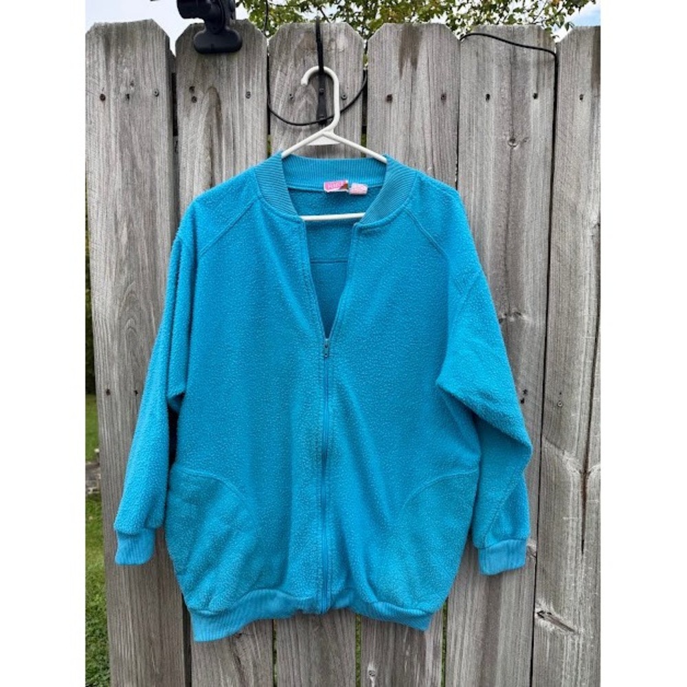 Vintage Retro Frost Free Fleece Jacket Large Turquoise Blue Full Zip Bomber